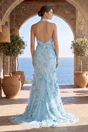 Sage Halter Sequined Sheath Long Prom Dresses With Floral Appliques