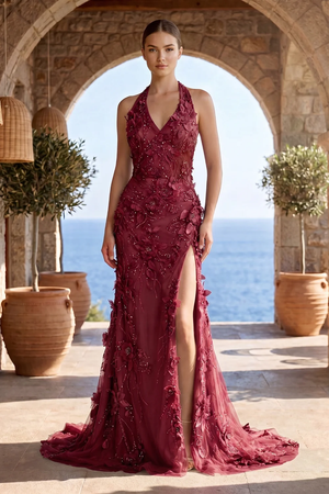 Sage Halter Sequined Sheath Long Prom Dresses With Floral Appliques