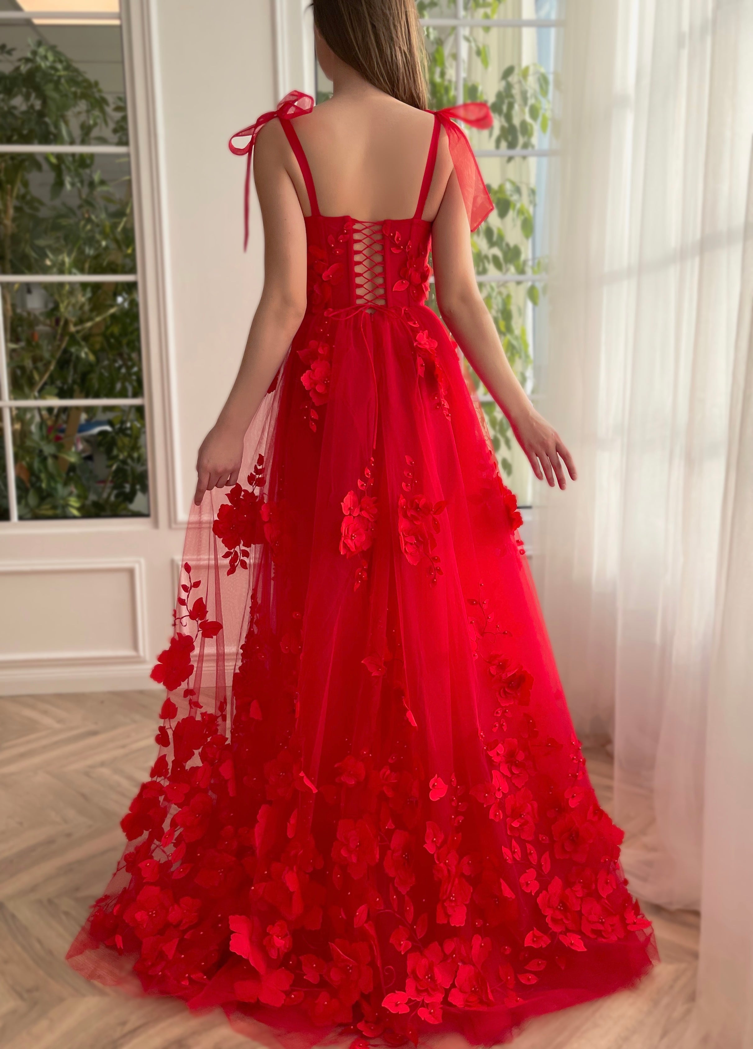 Cameron | Scarlet Lace A-line 3D Flower Long Prom Dress With Slit