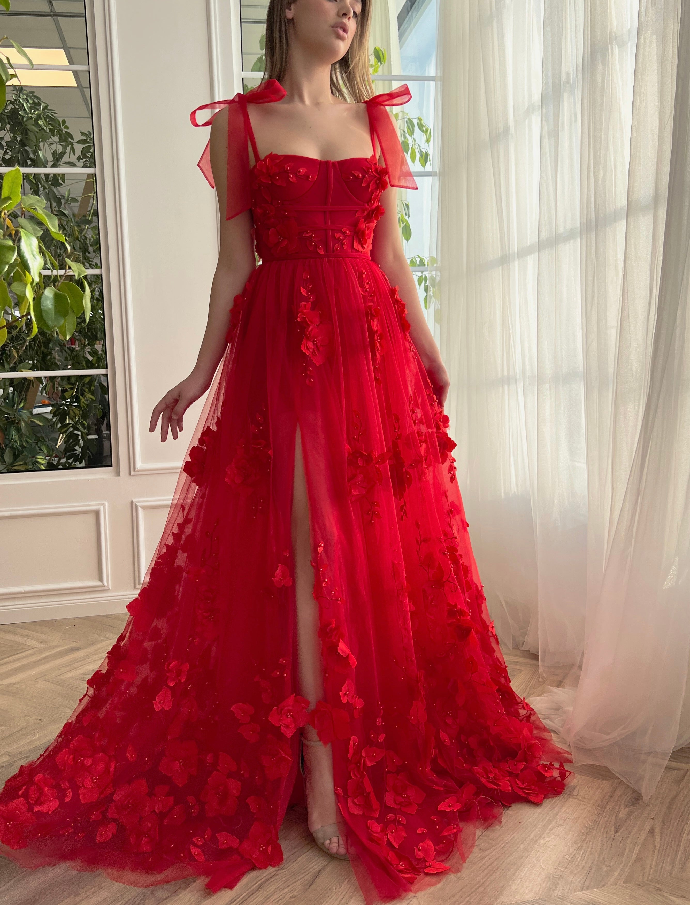 Cameron | Scarlet Lace A-line 3D Flower Long Prom Dress With Slit