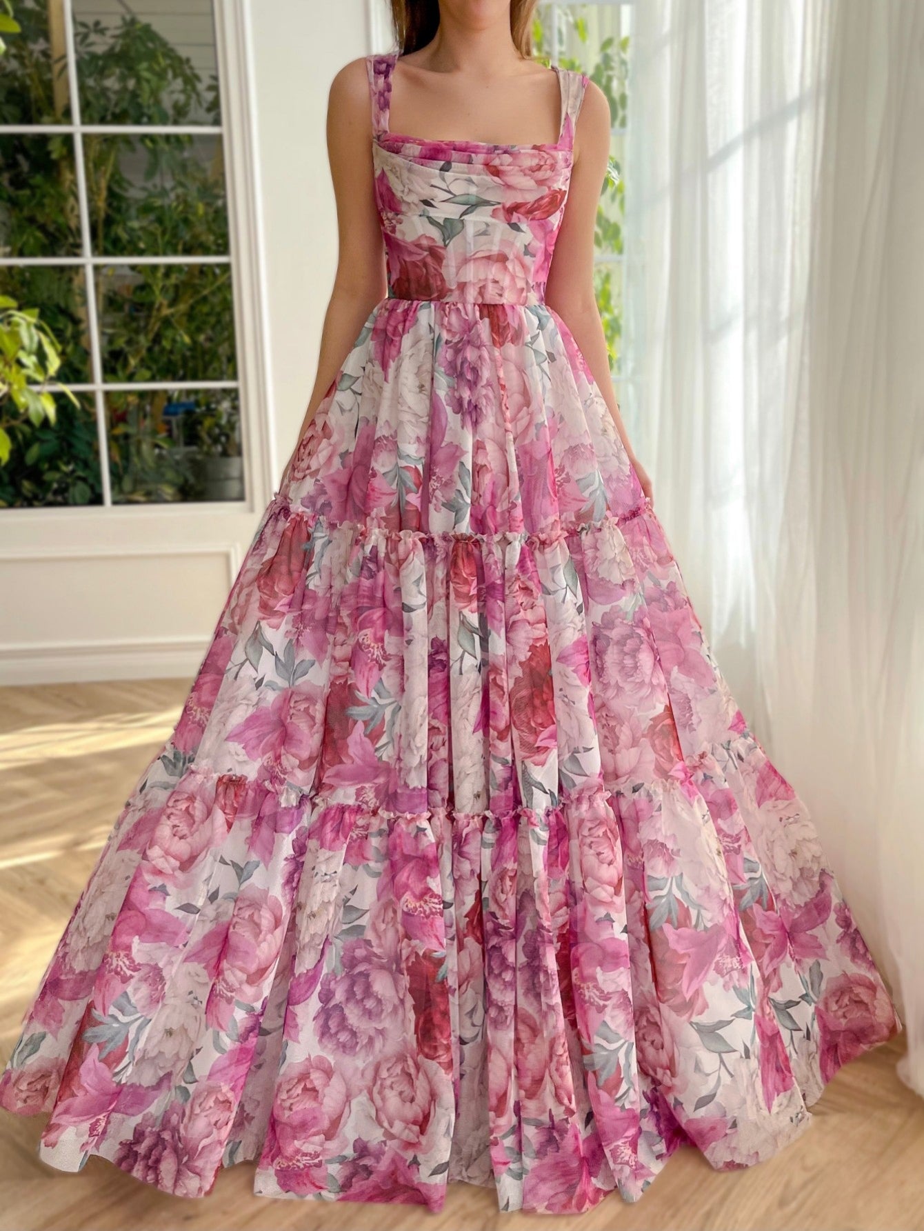 A Line Floral Pink Long Prom Dress