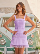 Imelda | Lavender - Sheath Strapless Textured Tweed Beaded Homecoming Dresses with Belt - KissProm
