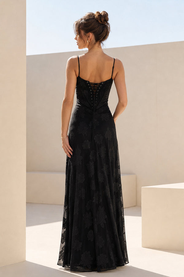 Black Sheath Satin Floral Spaghetti Straps Long Prom Dresses – Prom Dresses by KissProm | Available at KissProm