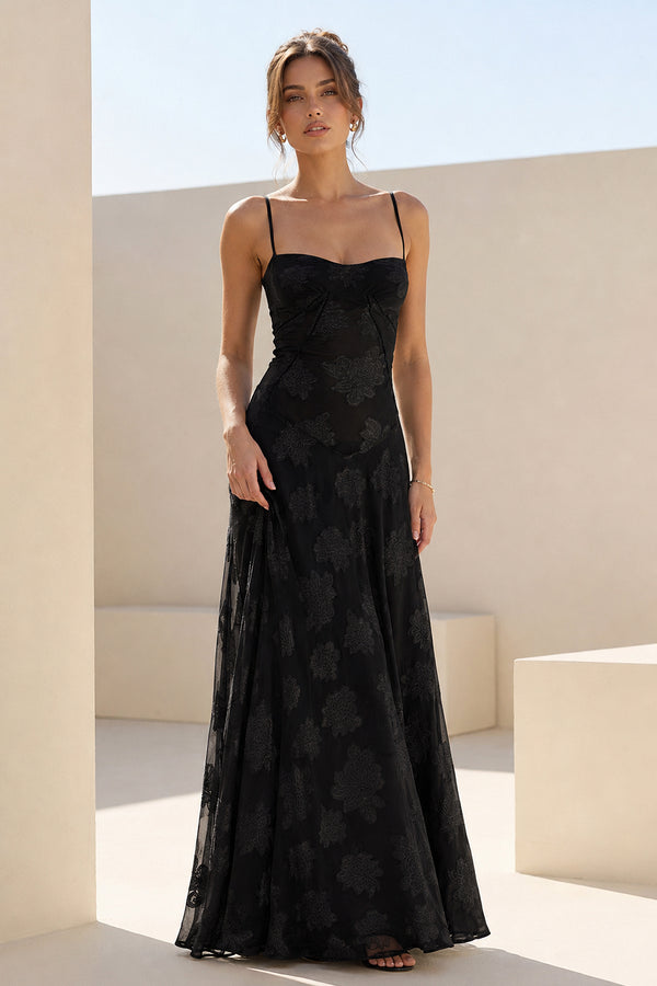 Black Sheath Satin Floral Spaghetti Straps Long Prom Dresses – Prom Dresses by KissProm | Available at KissProm