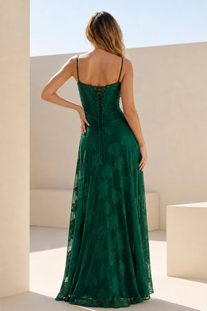 Dark Green Sheath Satin Floral Spaghetti Straps Long Prom Dresses – Prom Dresses by KissProm | Available at KissProm