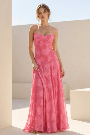 Hot Pink Sheath Satin Floral Spaghetti Straps Long Prom Dresses – Prom Dresses by KissProm | Available at KissProm