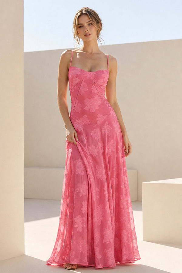 Hot Pink Sheath Satin Floral Spaghetti Straps Long Prom Dresses – Prom Dresses by KissProm | Available at KissProm