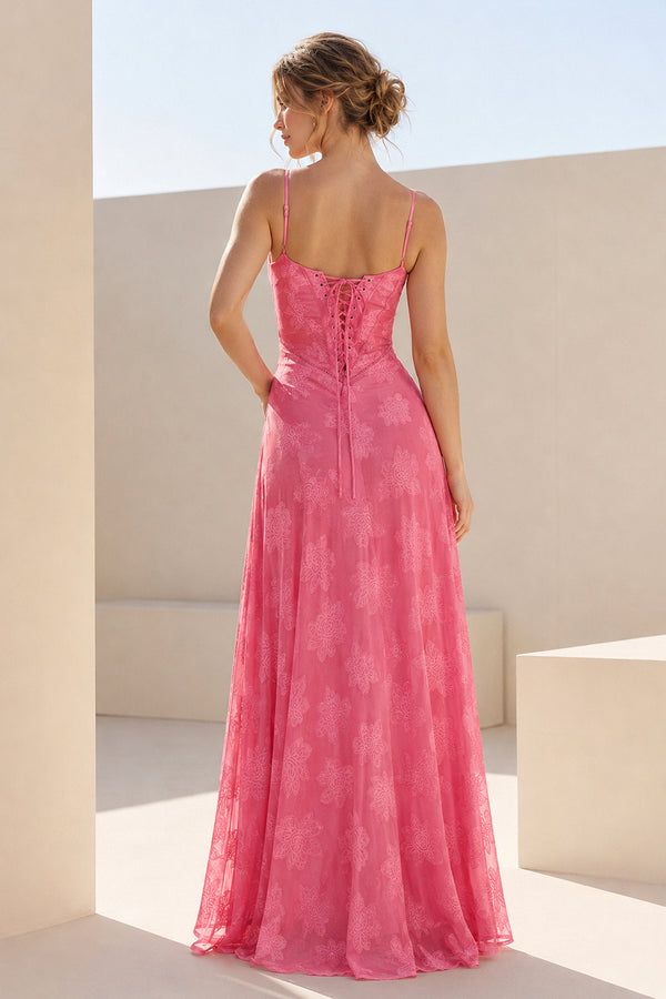 Hot Pink Sheath Satin Floral Spaghetti Straps Long Prom Dresses – Prom Dresses by KissProm | Available at KissProm