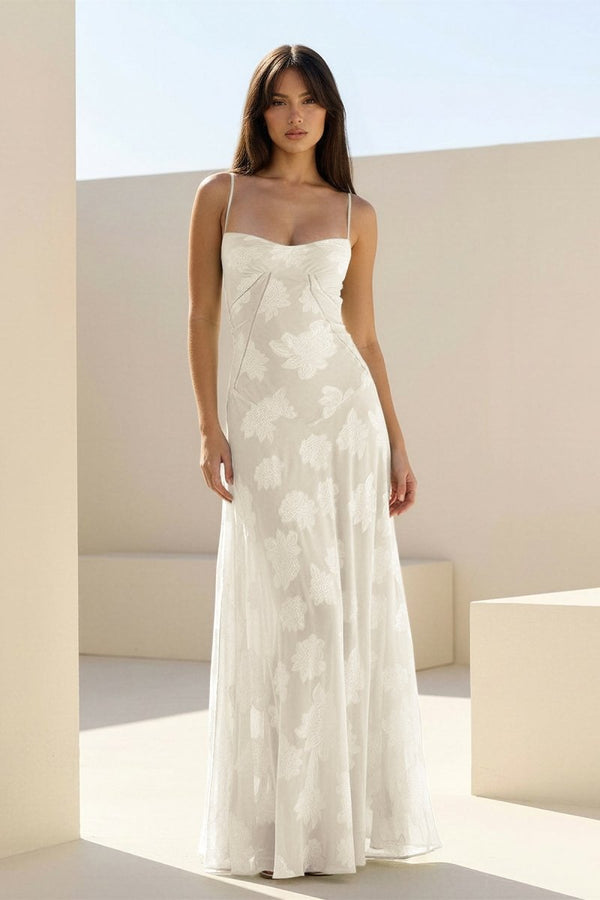 Imre | Ivory- Sheath Satin Floral Spaghetti Straps Long Prom Dresses - KissProm