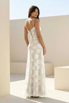 Imre | Ivory- Sheath Satin Floral Spaghetti Straps Long Prom Dresses - KissProm