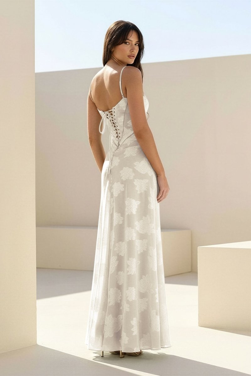 Imre | Ivory- Sheath Satin Floral Spaghetti Straps Long Prom Dresses - KissProm