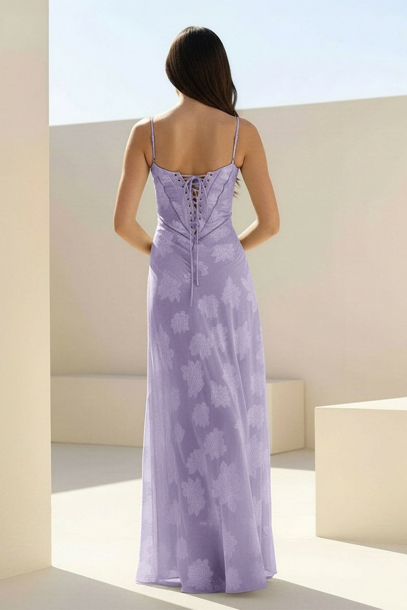 Imre | Lavender - Sheath Satin Floral Spaghetti Straps Long Prom Dresses - KissProm
