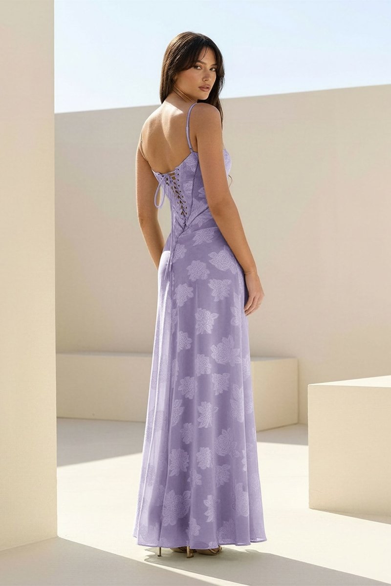 Imre | Lavender - Sheath Satin Floral Spaghetti Straps Long Prom Dresses - KissProm