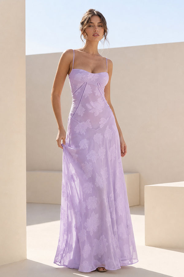 Lilac Sheath Satin Floral Spaghetti Straps Long Prom Dresses – Prom Dresses by KissProm | Available at KissProm
