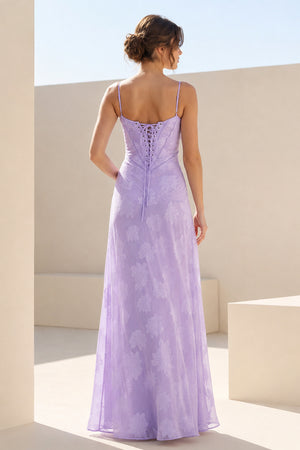 Lilac Sheath Satin Floral Spaghetti Straps Long Prom Dresses – Prom Dresses by KissProm | Available at KissProm