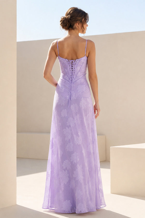 Lilac Sheath Satin Floral Spaghetti Straps Long Prom Dresses – Prom Dresses by KissProm | Available at KissProm