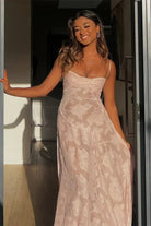 Imre | Pink - Sheath Satin Floral Spaghetti Straps Long Prom Dresses - KissProm