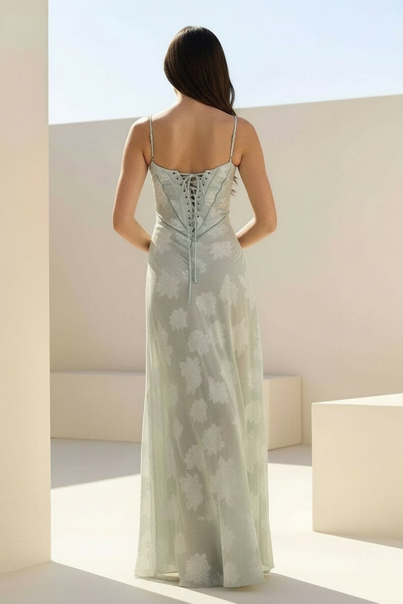 Imre | Sage - Sheath Satin Floral Spaghetti Straps Long Prom Dresses - KissProm