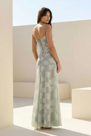 Imre | Sage - Sheath Satin Floral Spaghetti Straps Long Prom Dresses - KissProm