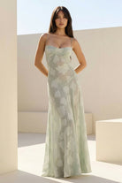 Imre | Sage - Sheath Satin Floral Spaghetti Straps Long Prom Dresses - KissProm