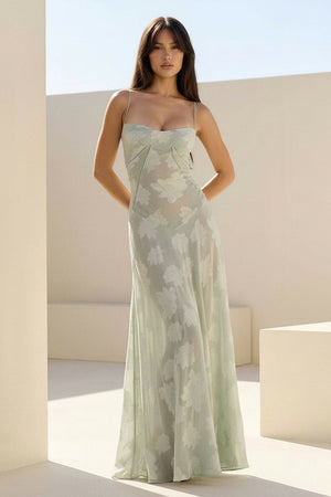 Imre | Sage - Sheath Satin Floral Spaghetti Straps Long Prom Dresses - KissProm