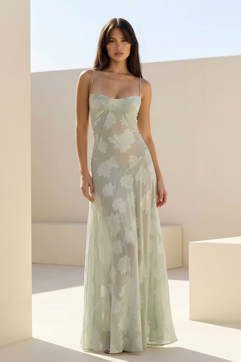 Imre | Sage - Sheath Satin Floral Spaghetti Straps Long Prom Dresses - KissProm