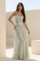 Imre | Sage - Sheath Satin Floral Spaghetti Straps Long Prom Dresses - KissProm