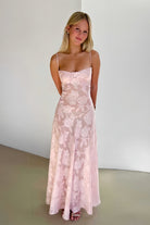 Imre | Pink - Sheath Satin Floral Spaghetti Straps Long Prom Dresses - KissProm