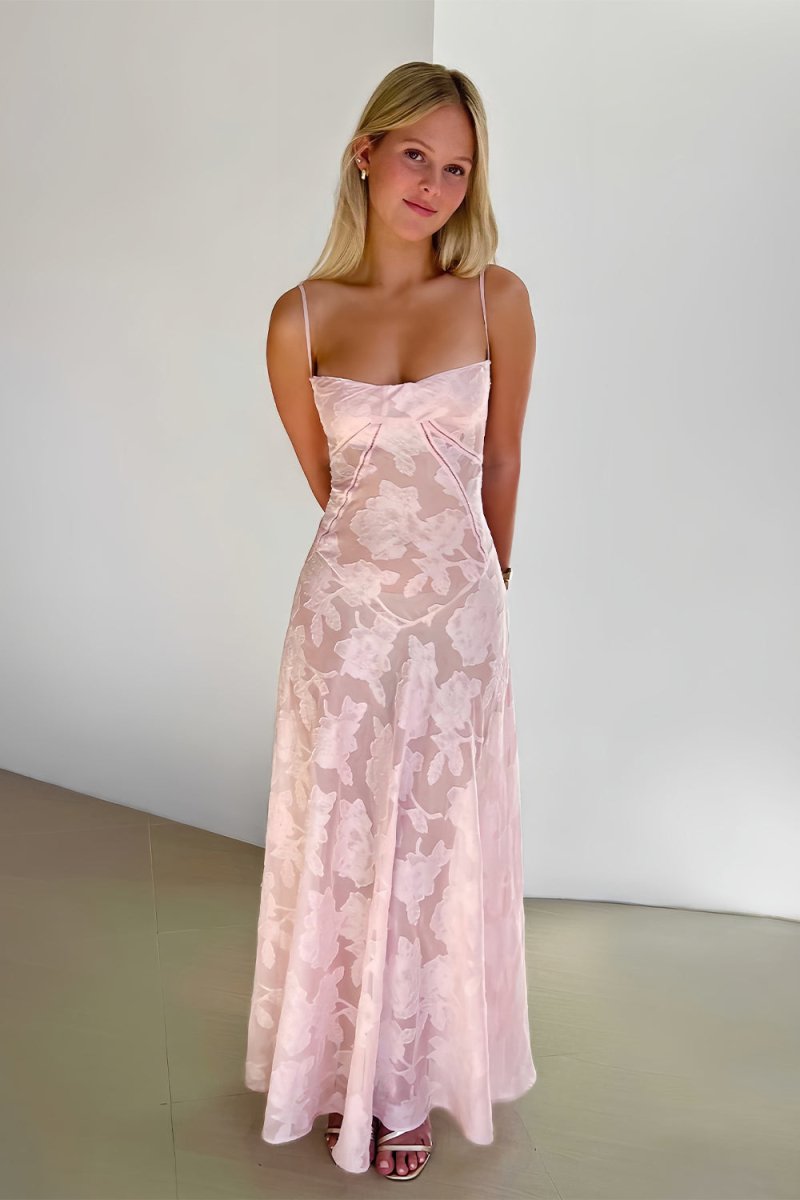 Imre | Pink - Sheath Satin Floral Spaghetti Straps Long Prom Dresses - KissProm