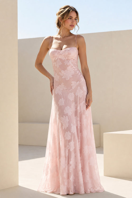Pink Sheath Satin Floral Spaghetti Straps Long Prom Dresses – Prom Dresses by KissProm | Available at KissProm
