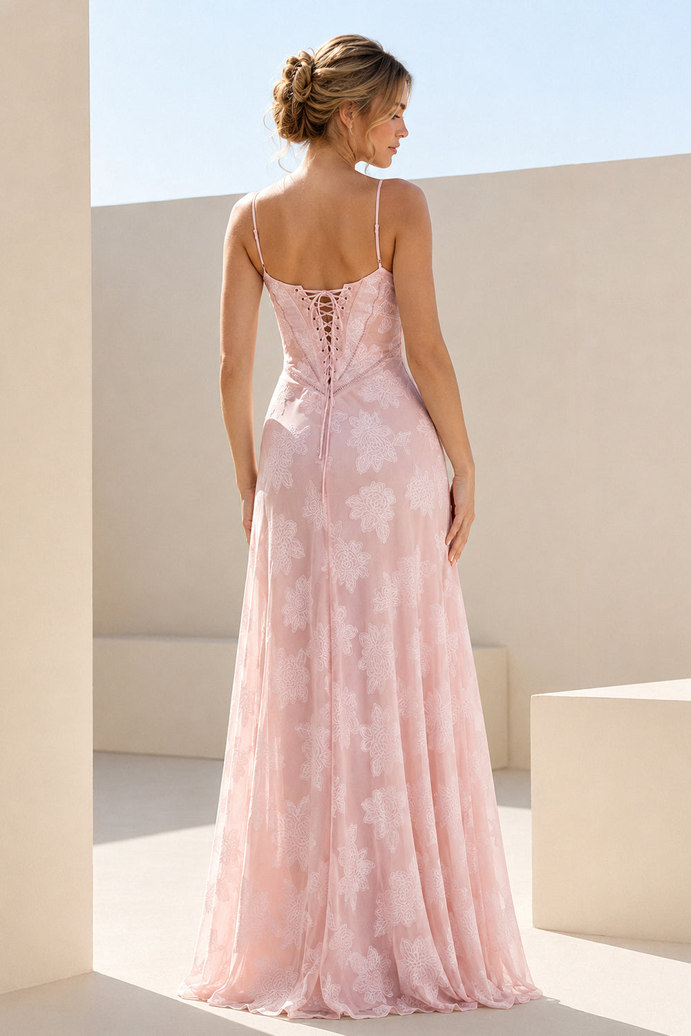 Pink Sheath Satin Floral Spaghetti Straps Long Prom Dresses – Prom Dresses by KissProm | Available at KissProm