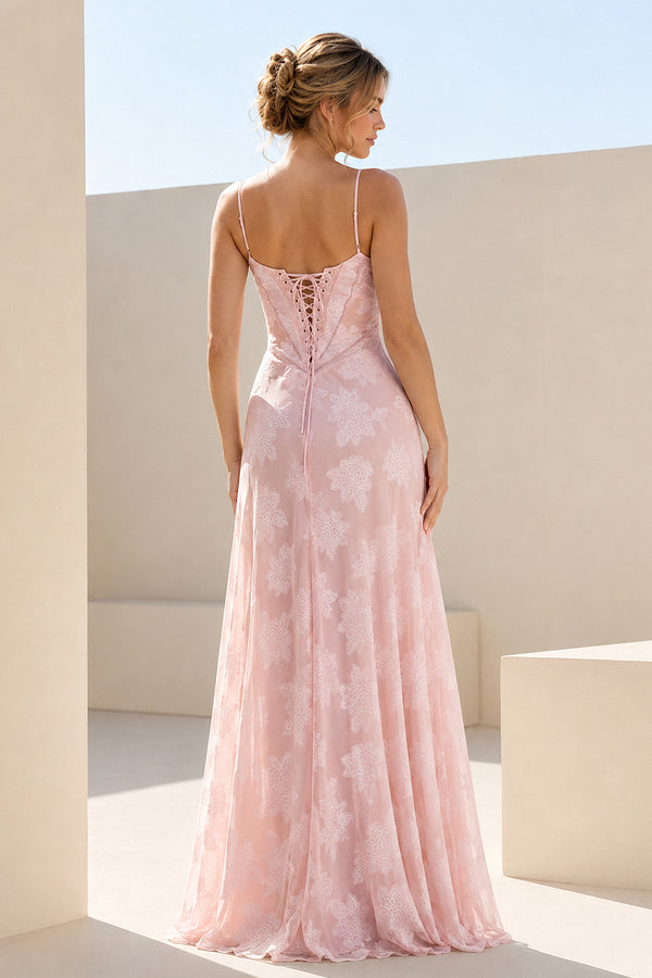 Pink Sheath Satin Floral Spaghetti Straps Long Prom Dresses – Prom Dresses by KissProm | Available at KissProm