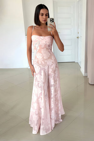 Imre | Pink - Sheath Satin Floral Spaghetti Straps Long Prom Dresses - KissProm