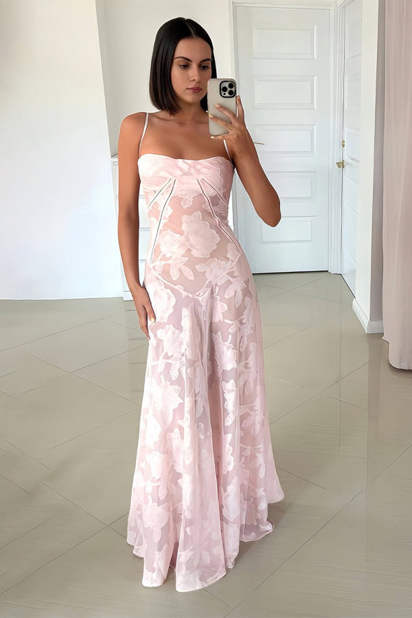 Imre | Pink - Sheath Satin Floral Spaghetti Straps Long Prom Dresses - KissProm