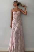 Imre | Pink - Sheath Satin Floral Spaghetti Straps Long Prom Dresses - KissProm