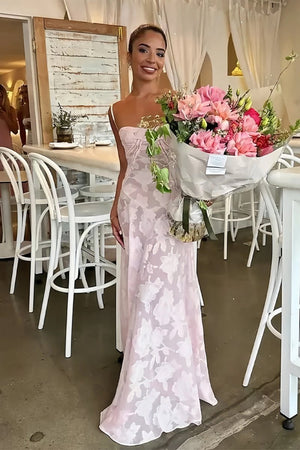 Imre | Pink - Sheath Satin Floral Spaghetti Straps Long Prom Dresses - KissProm