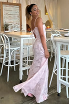 Imre | Pink - Sheath Satin Floral Spaghetti Straps Long Prom Dresses - KissProm