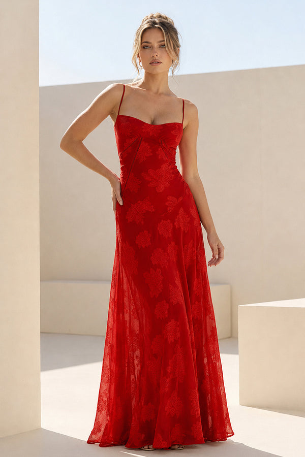 Red Sheath Satin Floral Spaghetti Straps Long Prom Dresses – Prom Dresses by KissProm | Available at KissProm