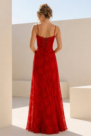Red Sheath Satin Floral Spaghetti Straps Long Prom Dresses – Prom Dresses by KissProm | Available at KissProm