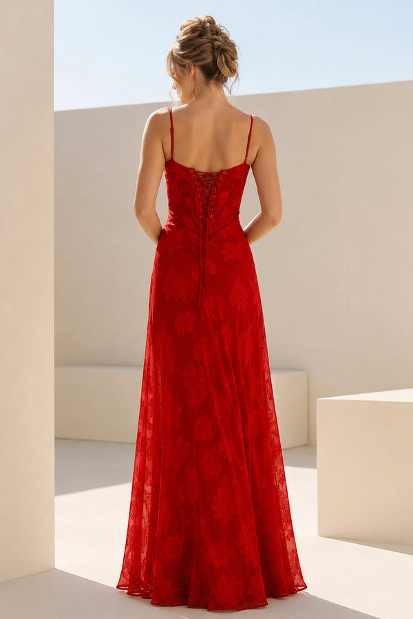 Red Sheath Satin Floral Spaghetti Straps Long Prom Dresses – Prom Dresses by KissProm | Available at KissProm