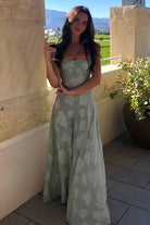 Imre | Sage - Sheath Satin Floral Spaghetti Straps Long Prom Dresses - KissProm