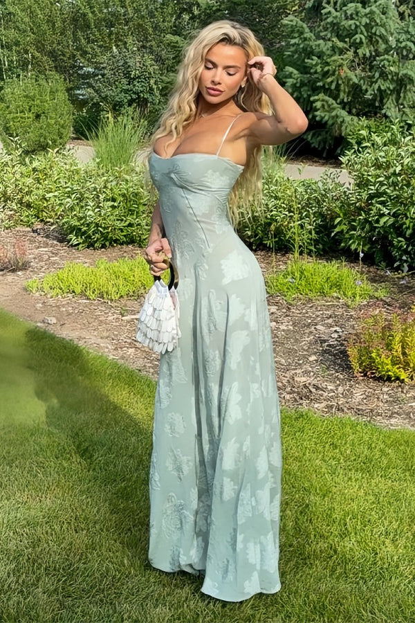 Imre | Sage - Sheath Satin Floral Spaghetti Straps Long Prom Dresses - KissProm