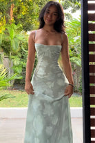 Imre | Sage - Sheath Satin Floral Spaghetti Straps Long Prom Dresses - KissProm