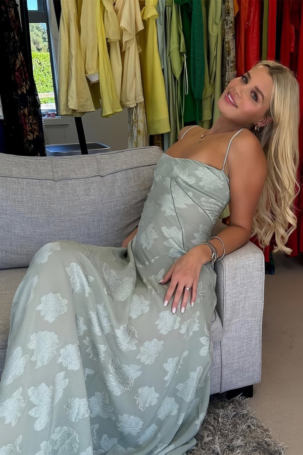 Imre | Sage - Sheath Satin Floral Spaghetti Straps Long Prom Dresses - KissProm