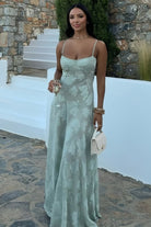 Imre | Sage - Sheath Satin Floral Spaghetti Straps Long Prom Dresses - KissProm