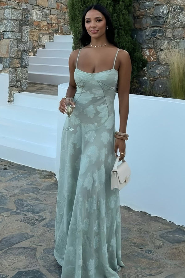 Imre | Sage - Sheath Satin Floral Spaghetti Straps Long Prom Dresses - KissProm