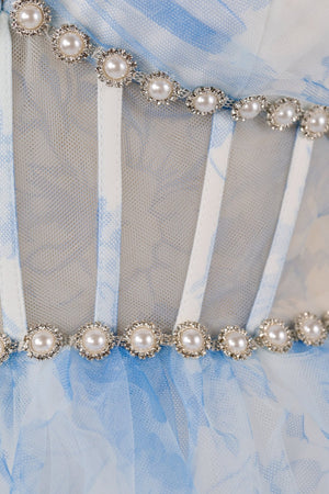 Blue A Line Floral Tulle Halter Long Prom Dress with Ruffles and Beading - KISSPROM