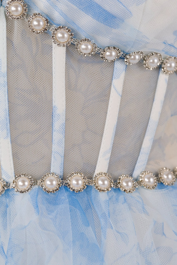 Blue A Line Floral Tulle Halter Long Prom Dress with Ruffles and Beading - KISSPROM