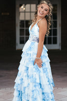 Inari | Blue – A Line Floral Tulle Halter Long Prom Dress with Ruffles and Beading - KissProm