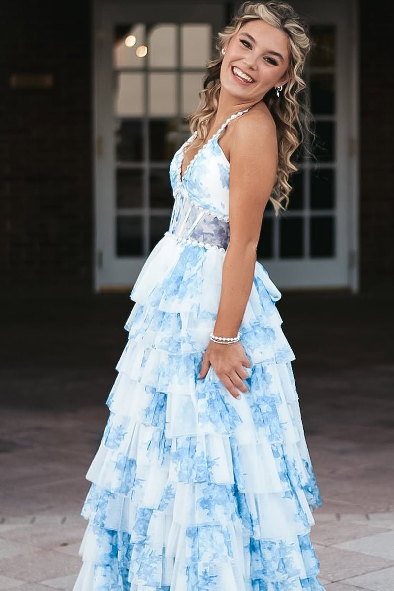 Blue  A Line Floral Tulle Halter Long Prom Dress with Ruffles and Beading Blue / 00